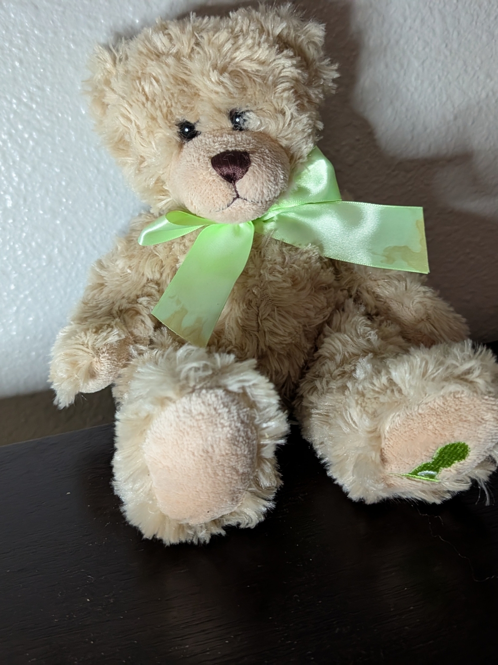 Source Unknown Cream Plush Teddy Bear with Light Green Ribbon